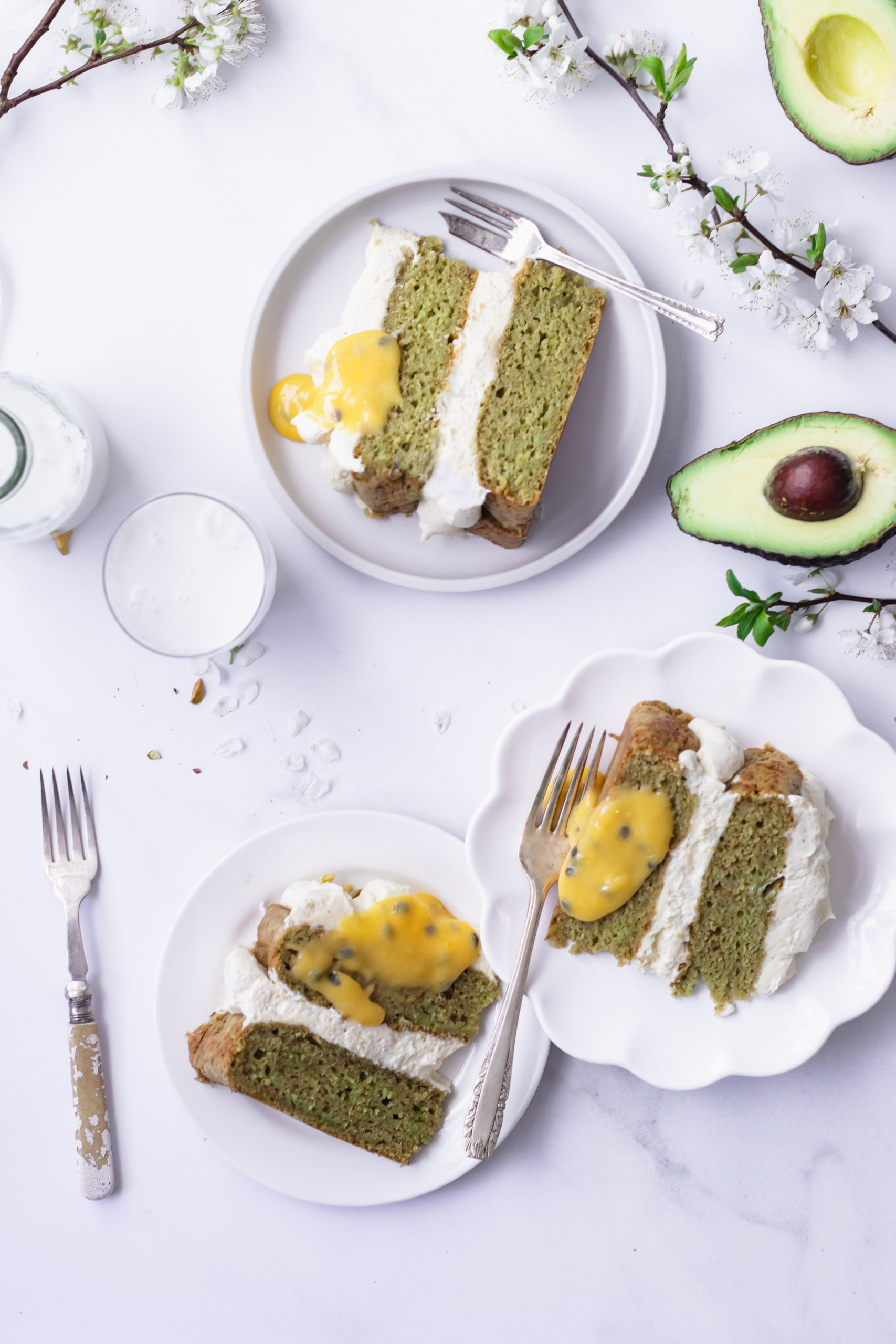 Avocado and vanilla bean cake with passionfruit curd