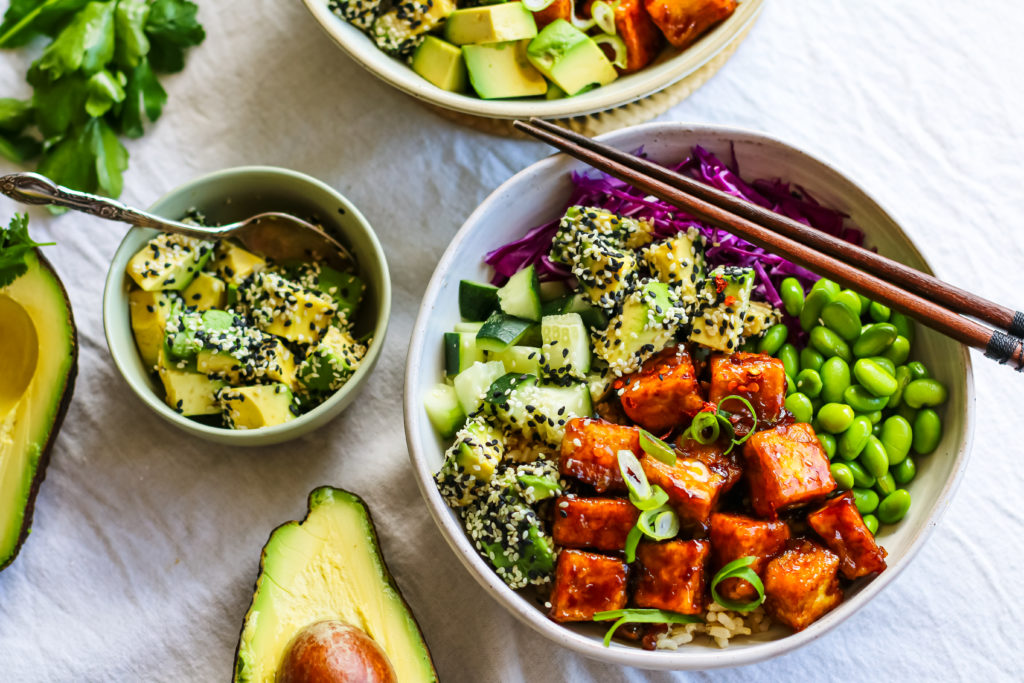 Teriyaki Tofu & Sesame Avocado Rice Poké Bowl The Avo Tree