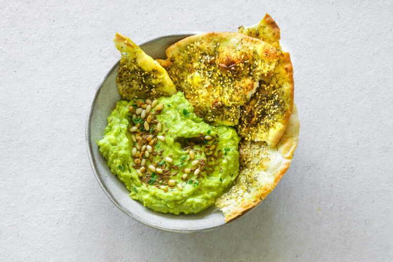 Avocado, Cumin & Pine Nut Dip with Za’atar flatbreads