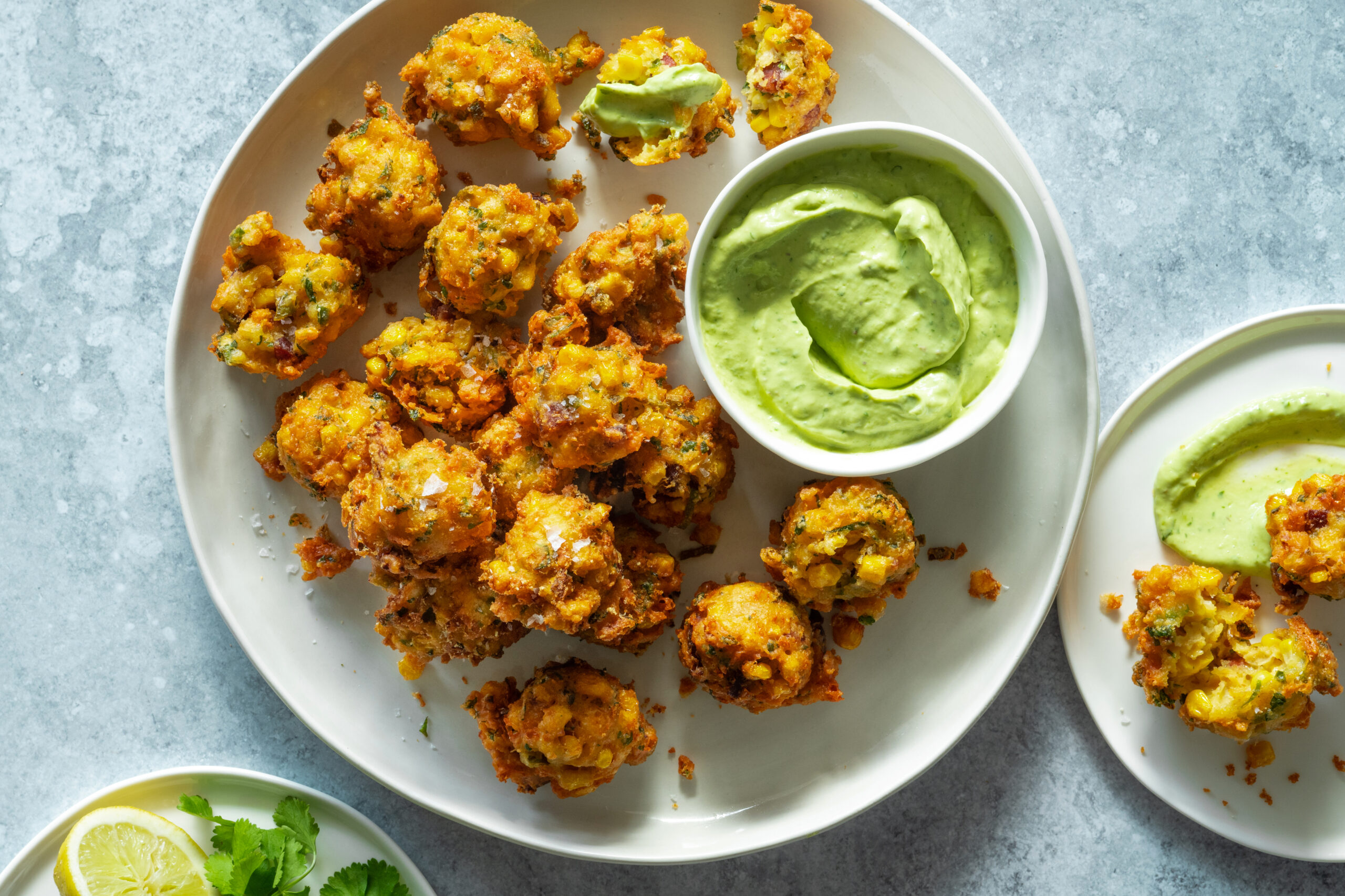 Corn, Jalapeño & Chorizo Fritters w Zingy Avo Sauce