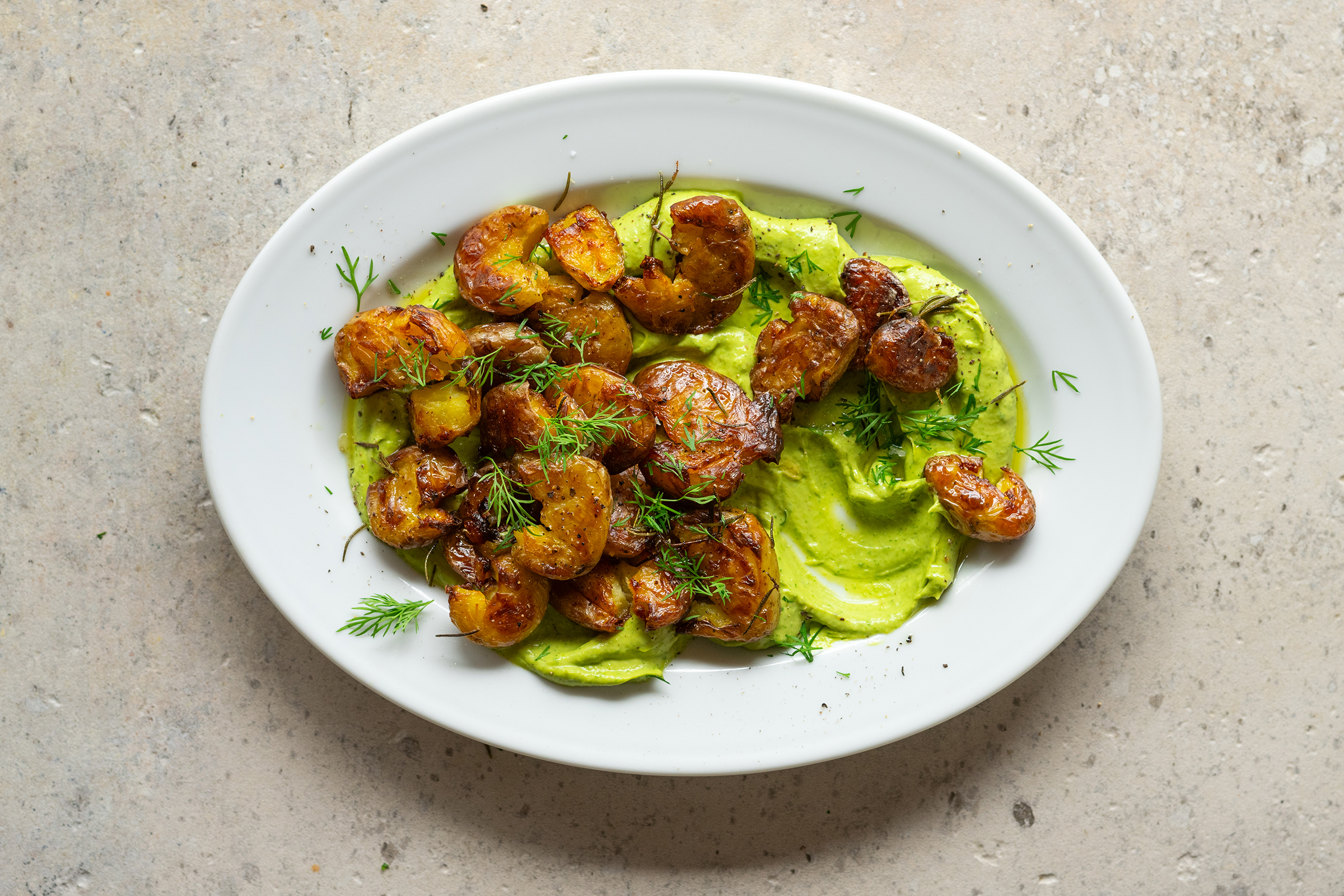 Crispy Smashed Potatoes W Dill Pickle & Avo Dip