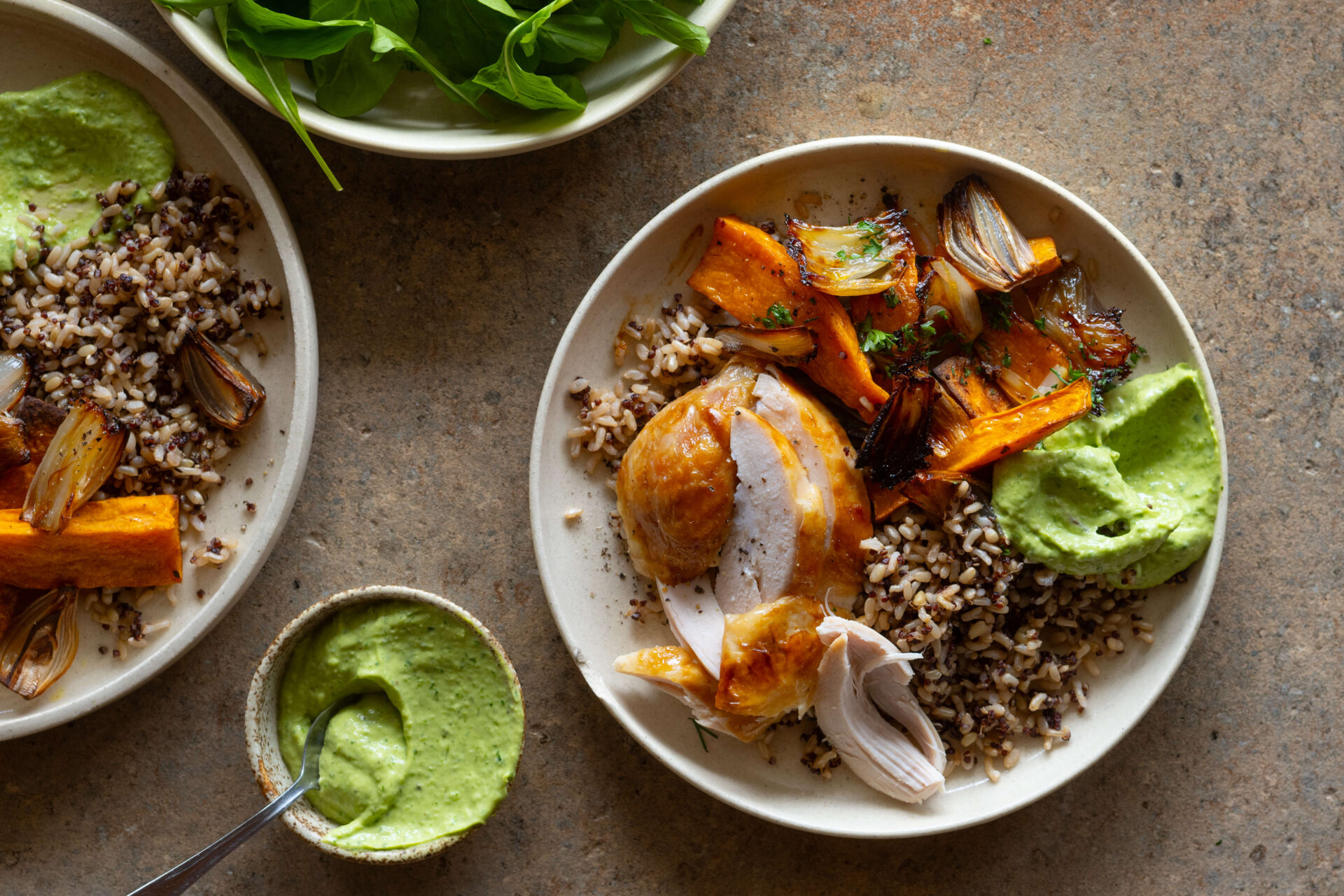 Easy & Nourishing Roast Chicken Bowl W Herby Avocado Sauce