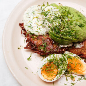 Crispy Potato Fritters, Jammy Eggs & Dill Yoghurt